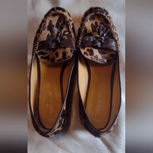 Vtg NINE WEST BROWN LEOPARD PRINT PONY HAIR TASSEL LOAFERS/SLIP ONS/SHOES, 9M
